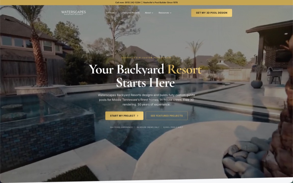 The pool builder’s website after the Elite Builders rebuild